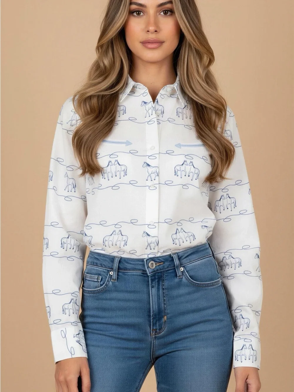 Wrangler Blues Retro Womens Ivory Horse Western Shirt L Cotton Equestrian Rodeo - Picture 1 of 8